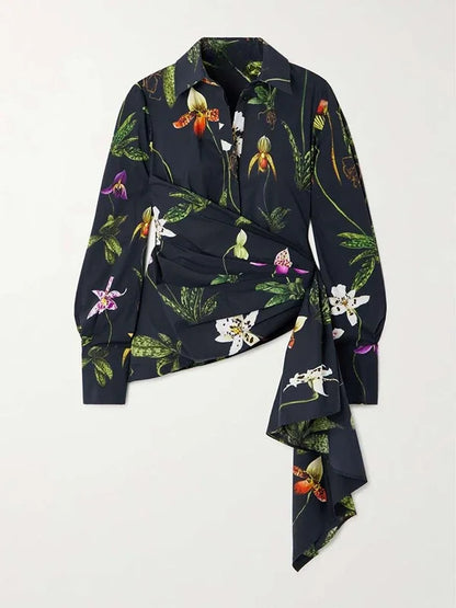 Modigirl Women‘s Elengant Shirts & Blouses Spring Autumn Long Sleeve Flower Print Asymmetric Office Daily Top Woman Clothing