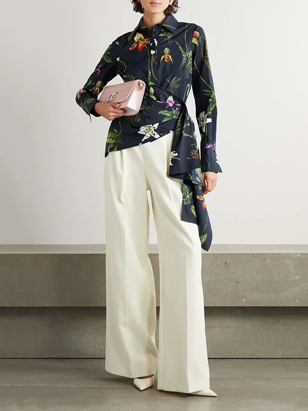 Modigirl Women‘s Elengant Shirts & Blouses Spring Autumn Long Sleeve Flower Print Asymmetric Office Daily Top Woman Clothing