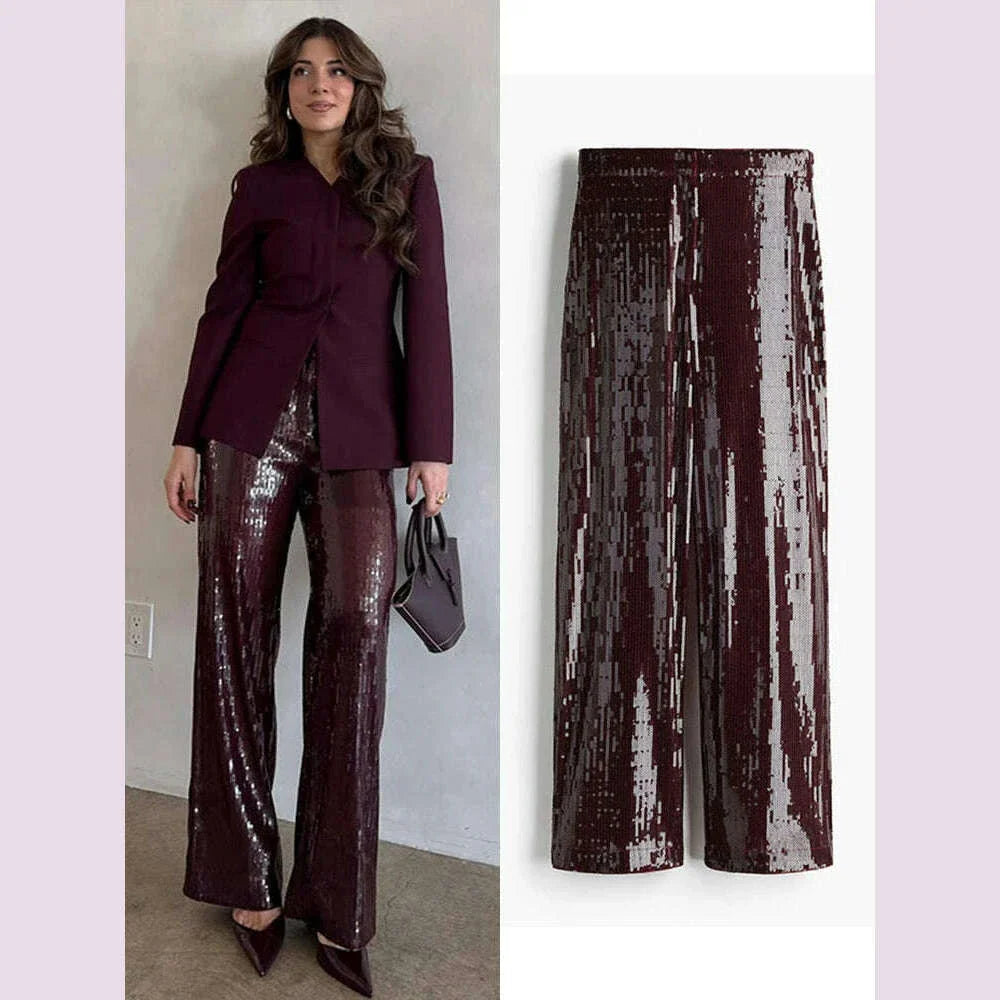 Street Sequin Pants Women Loose High Waist Wide Legs Shiny Trousers Female 2025 Spring Fashion Straight Chic Streetwears Lady