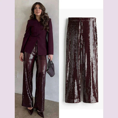 Street Sequin Pants Women Loose High Waist Wide Legs Shiny Trousers Female 2025 Spring Fashion Straight Chic Streetwears Lady