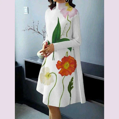 Modigirl Autumn Fall Long Sleeves Dress for Female 2024 Clothes High Neck Printed Elegant Party Evening Flower Midi Dresses