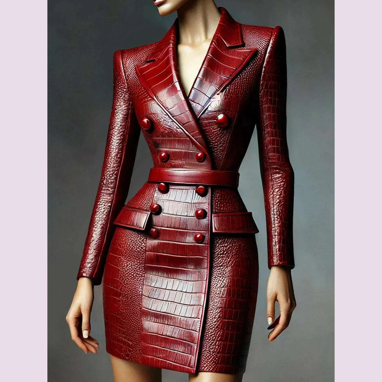 New PU Leather Dresses for Women Lapel Collor Double Breasted Alligator Pattern Belt Mini Dress Long Sleeve Elegant Dress  2025