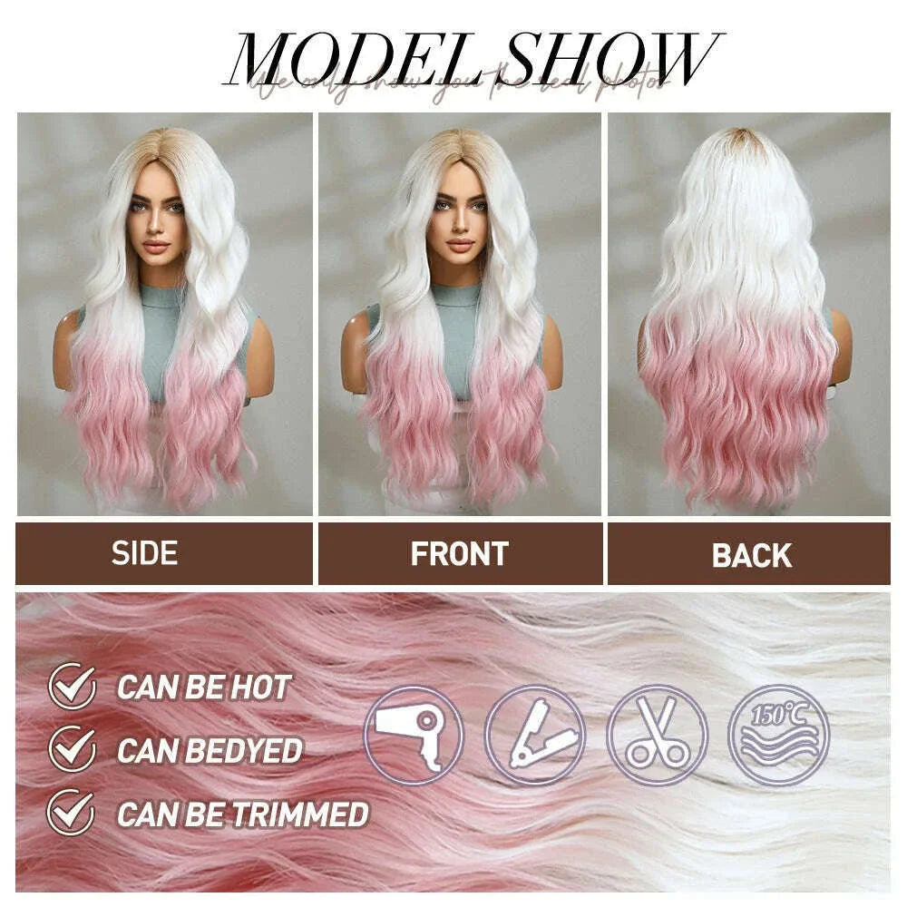 oneNonly Pink White Long Wig Blonde Rainbow Wavy Wigs Halloween Cosplay Party Wigs for Women Makeup Tools Synthetic Hair