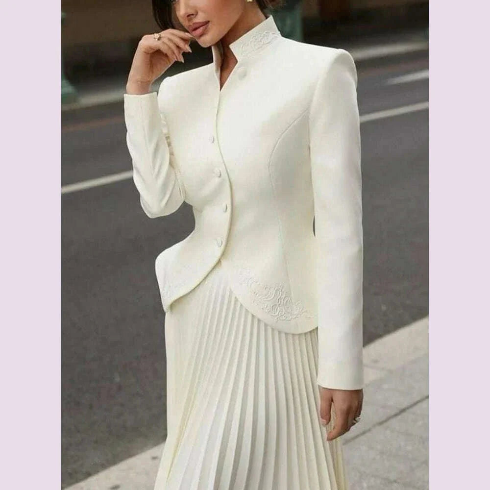 TWOTWINSTYLE Solid Two Piece Set For Women Stand Collar Long Sleeve Spliced Button Tops High Waist Skirt Chic Set Female Fashion
