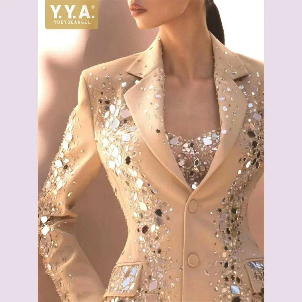 Fashion Runway Women Suits Sets Shiny Sequin Beading Single Breasted Blazers Shorts Office Ladies Design Elegant Two Pece Set