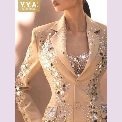 Fashion Runway Women Suits Sets Shiny Sequin Beading Single Breasted Blazers Shorts Office Ladies Design Elegant Two Pece Set