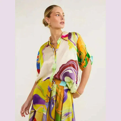 Fashionable Summer Silk Printed Women Set Dress Loose Short Sleeves Shirt Top +skirt Waist 2 Piece Sets Elegant Ladies Suit
