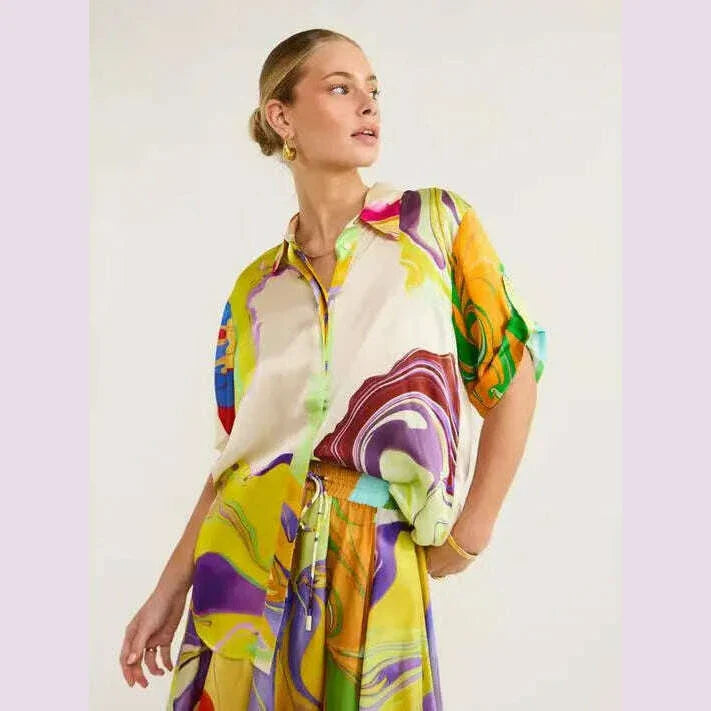 Fashionable Summer Silk Printed Women Set Dress Loose Short Sleeves Shirt Top +skirt Waist 2 Piece Sets Elegant Ladies Suit