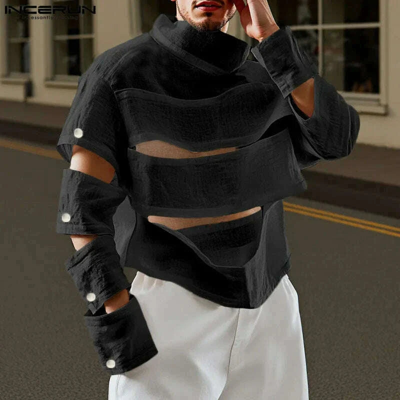 INCERUN Men Irregular T Shirts Solid Color Turtleneck Long Sleeve Hollow Out Men Clothing Streetwear 2025 Fashion Sexy Camisetas