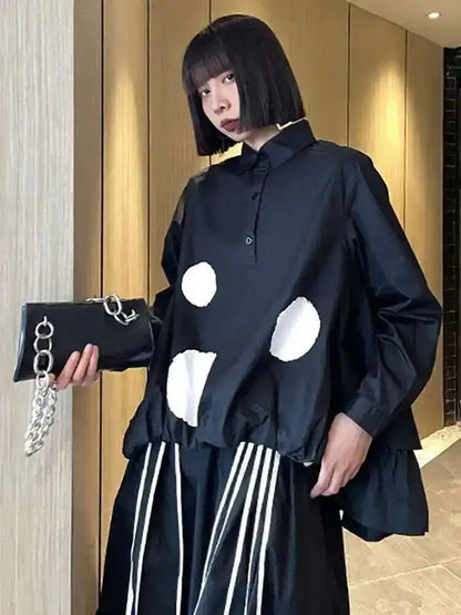 EAM Women Black Color-block Dot Big Size Blouse New Lapel Long Sleeve Large Hem Shirt Fashion Tide Spring Autumn 2024 1DH4274