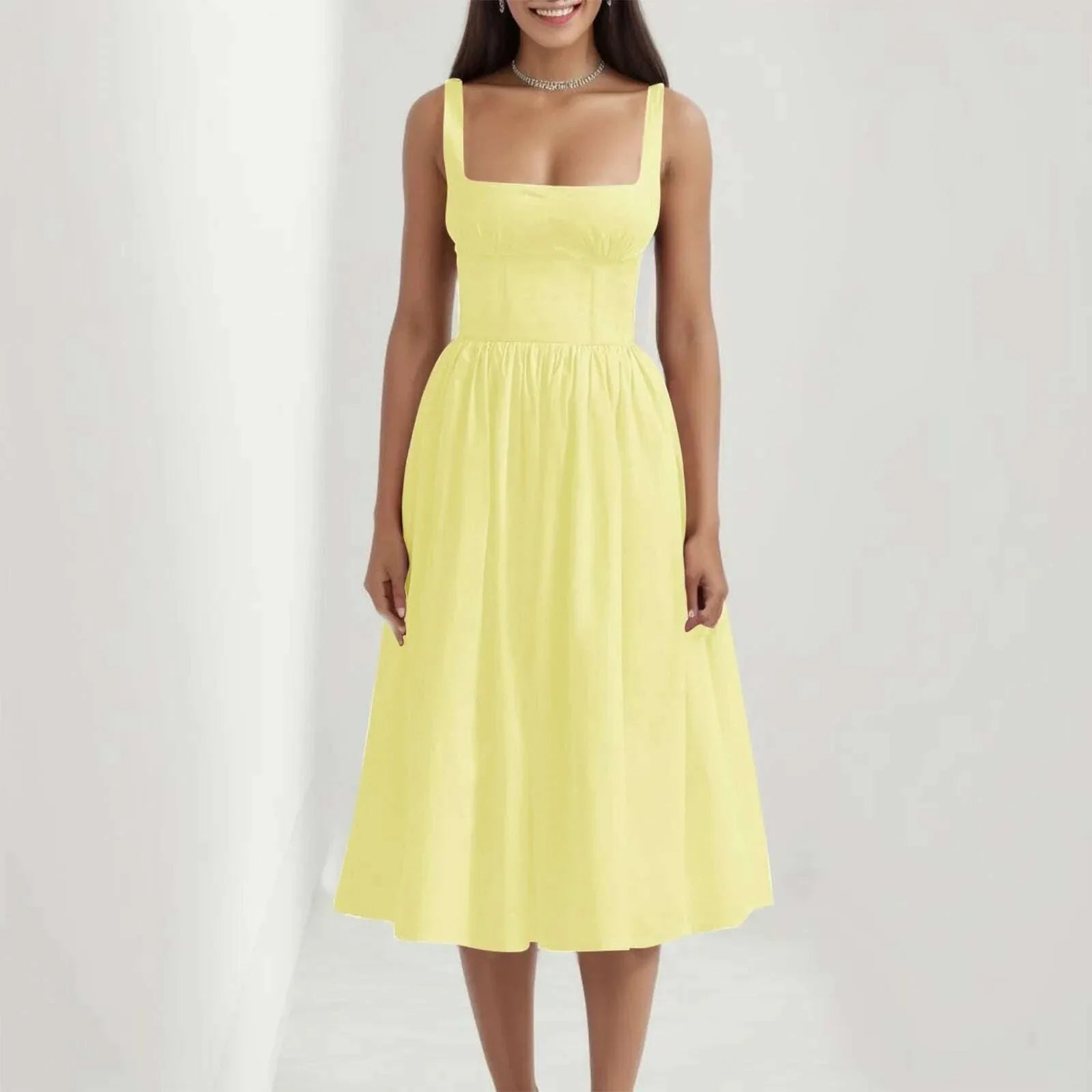 Elegant Square Collar Summer Dresses for Women Sexy Spaghetti Strap Holiday Beach Sundress Corset Bandage Party Long Dress Robe