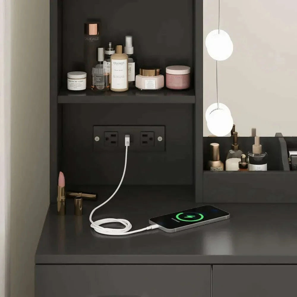 Dressing Table, Makeup Vanity Desk with Lighted Mirror & Power Strip, Black Vanity Table Set with Lights and Lots Storage