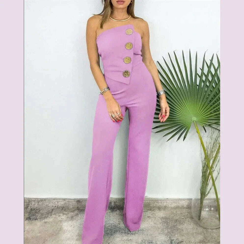 Women's Elegant Sexy Button Sleeveless Strapless Irregular Jumpsuits 2025 Wide Leg Outfits Night Club Streetwear One Piece