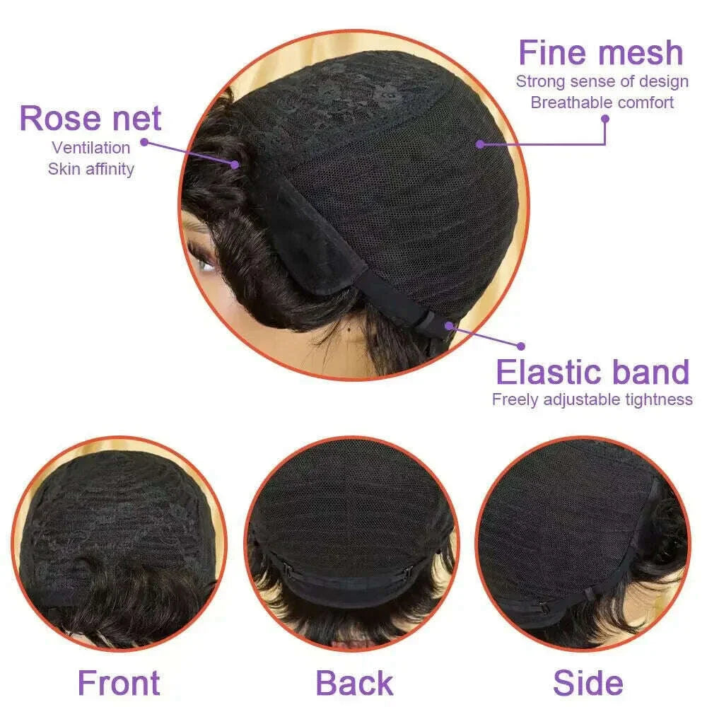 Short Pixie Cut Wig Human Hair For Women Machine Made Wigs With Bangs Colored Wig 180 Density