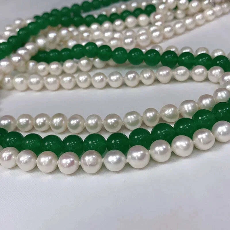 3rows  freshwater pearl white near round 7-8mm &green jade round necklace 80cm