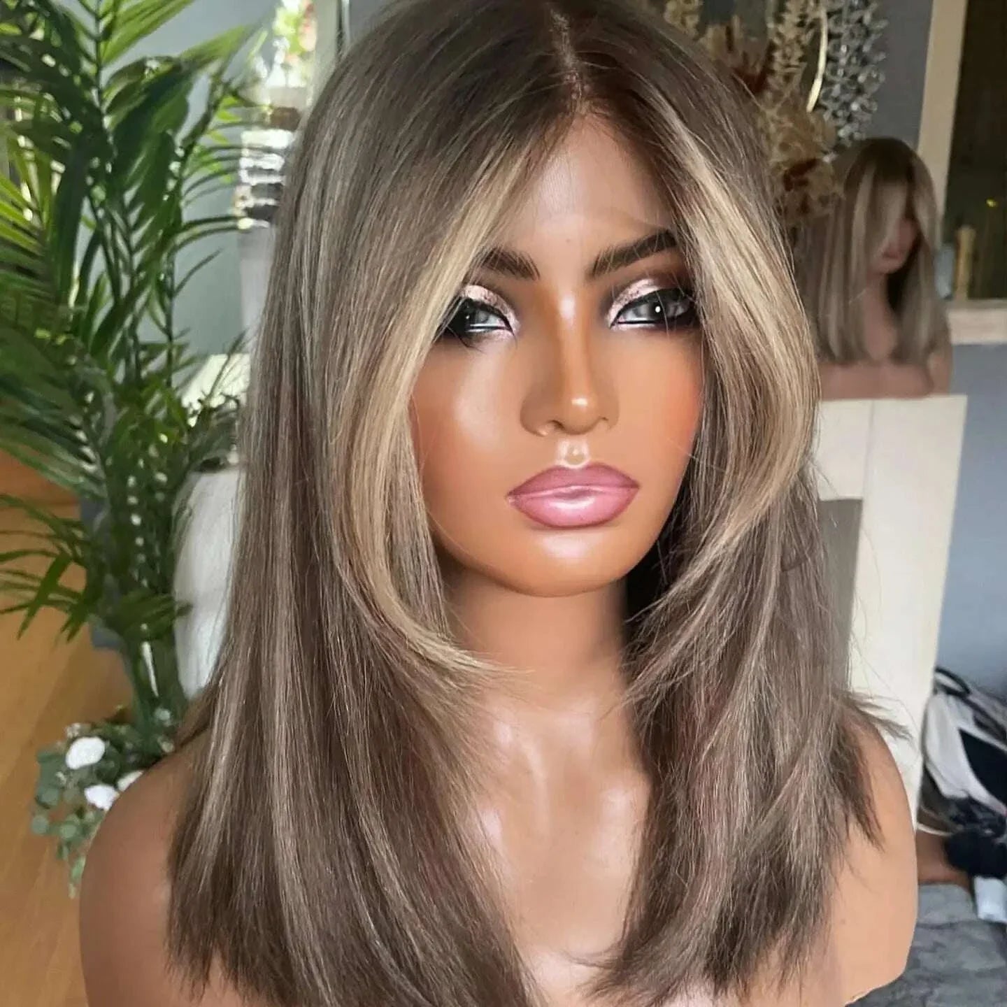 Highlight wig Natural Brown Lace front Wig For White Women Medium Long Wig Silky Straight  High Quality