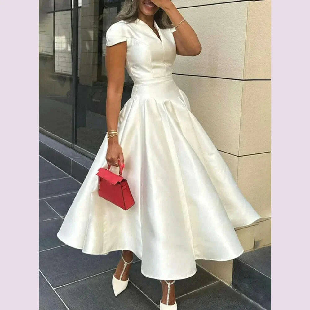 Freeacy Women's Elegant Dress V-neck Cap Sleeves Slim Fit A-line Party Dresses Solid Color High Waist Pleated Midi Dress
