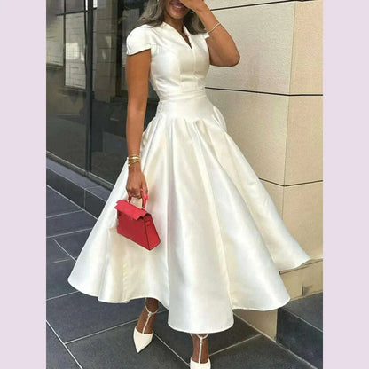 Freeacy Women's Elegant Dress V-neck Cap Sleeves Slim Fit A-line Party Dresses Solid Color High Waist Pleated Midi Dress