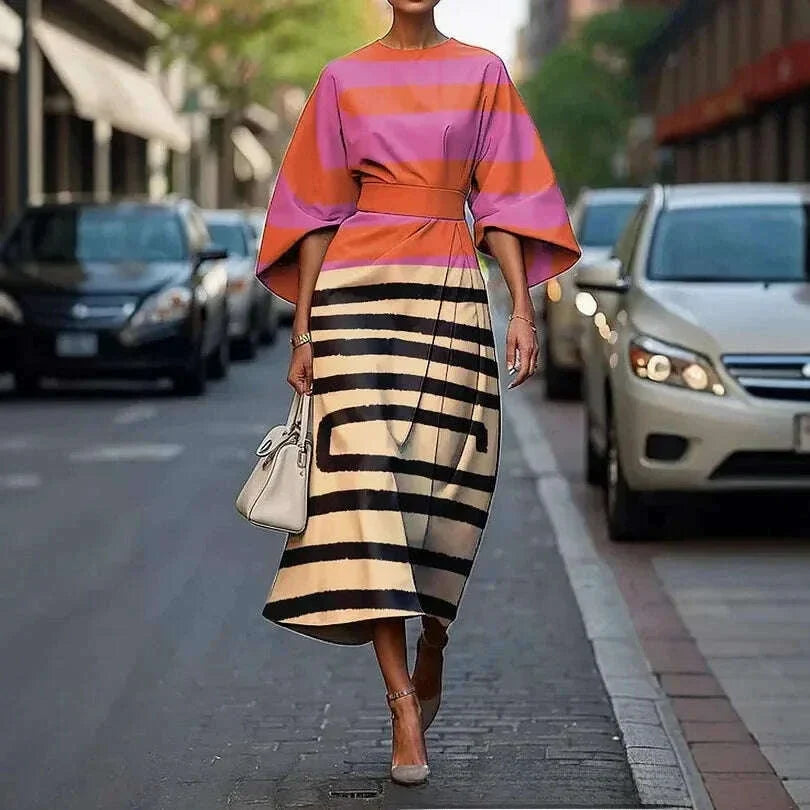 Elegant Slim Fit Long Dress with Batwing Sleeves And Rainbow Grid Pattern Ankle Length Independent Station New Arrival 2025