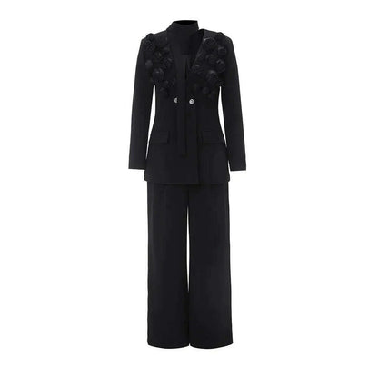 TWOTWINSTYLE Solid Two Piece Set For Women Lapel Long Sleeve Spliced Appliques Coat High Waist Wide Leg Pant Chic Sets Female