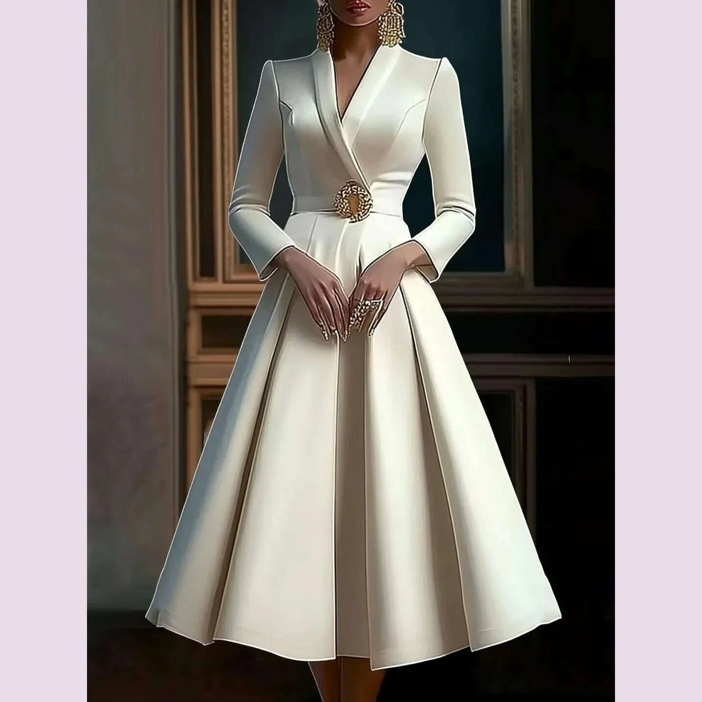Elegant Women's Dress Wrap V Neck Long Sleeve Pleated Midi Dress Waisted Evening Party Dress Women's Long Dress Vestidos