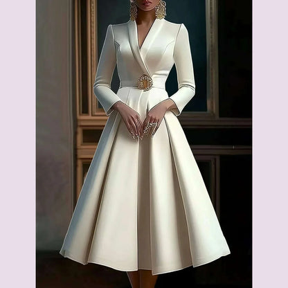 Elegant Women's Dress Wrap V Neck Long Sleeve Pleated Midi Dress Waisted Evening Party Dress Women's Long Dress Vestidos