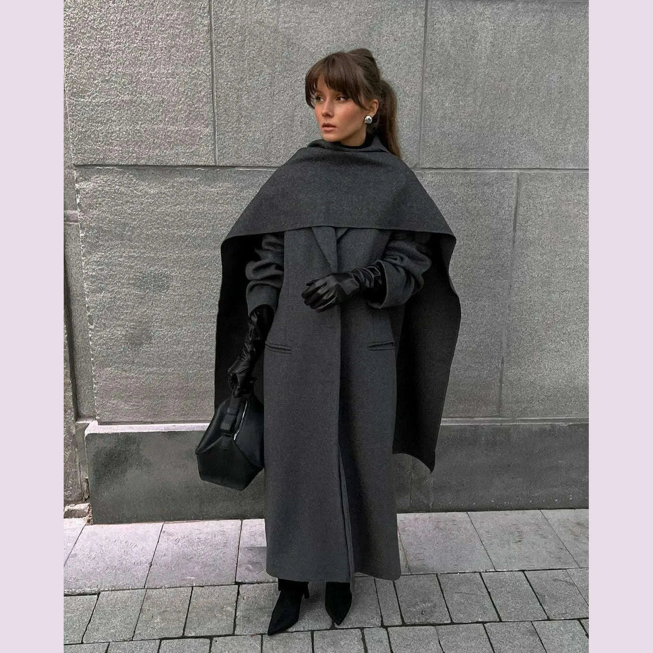 Elegant Vintage Woolen Overcoat For Women Single Breasted Scarf Loose Jacket Pocket Casual Coat 2024 Autumn New Lady Outerwear