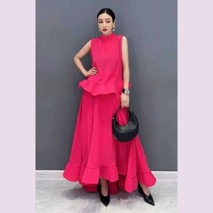 Vefadisa Newest 2025 Summer Green Women Sets Sleeveless Ruffle Edge Top Large hem Long Skirt Two pieces Dress Sets HLX064