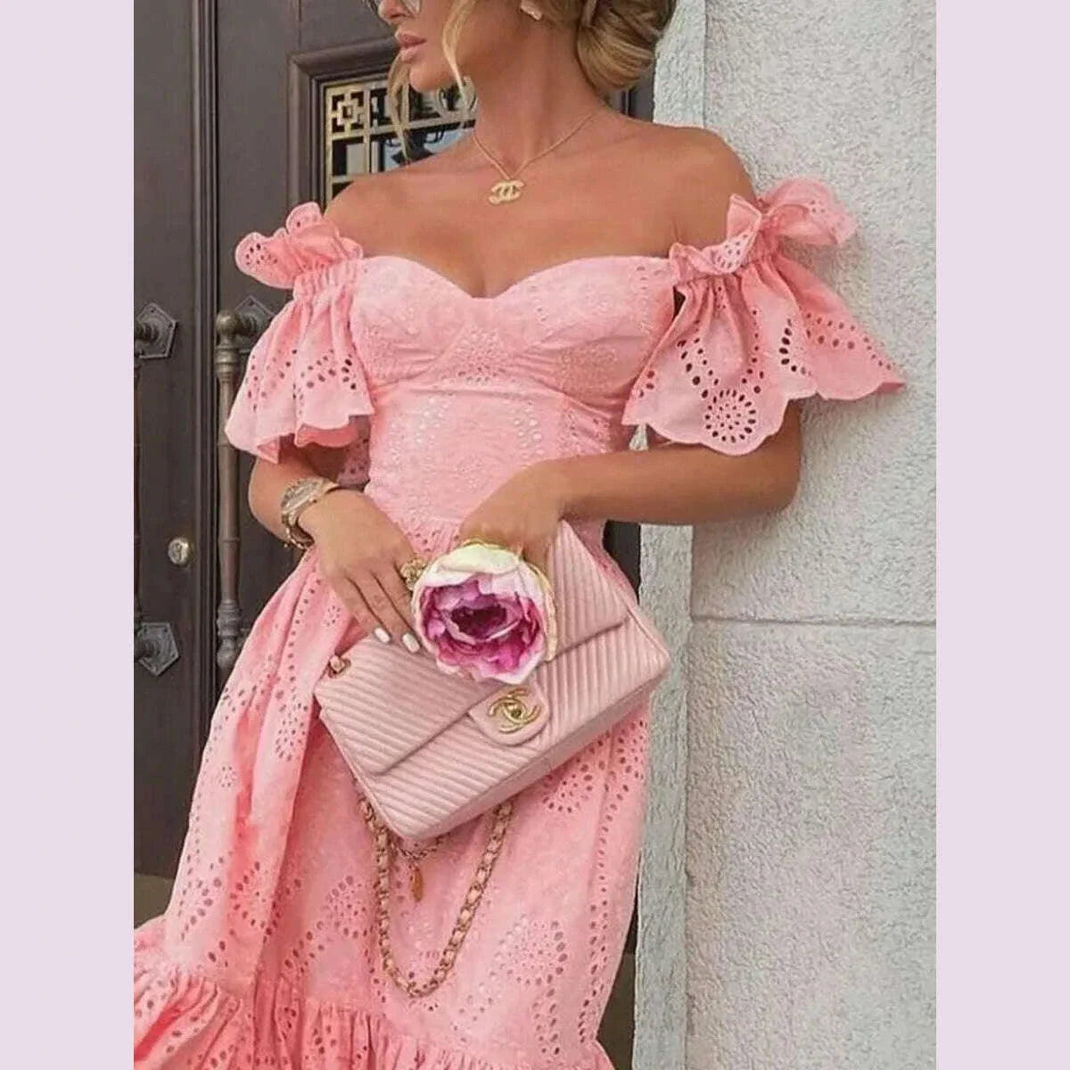 Dress Women Off Shoulder Mid Length Dresses Solid Dot Sexy Splice Tight High Waist V Neck A Line Elegant Slim Fit Vestidos