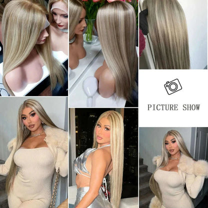 Byluxurious Highlights Gray Gold Blonde Smooth Straight 210% Densitys Brazilian Remy Hair 13x4 Lace Front Transparent Lace Wigs