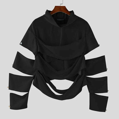 INCERUN Men Irregular T Shirts Solid Color Turtleneck Long Sleeve Hollow Out Men Clothing Streetwear 2025 Fashion Sexy Camisetas