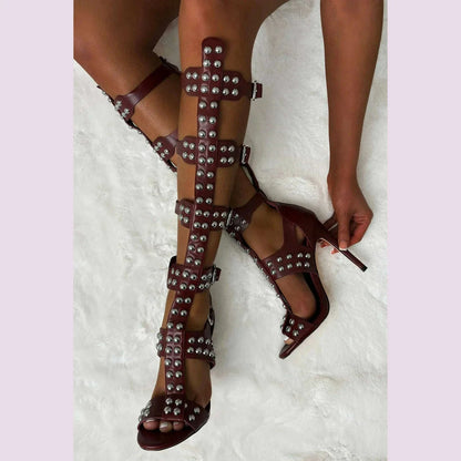 2025 Roman Gladiator sandals women knee high sandals small rivets adornment high Tong cool boots hollow out shoes summer 44