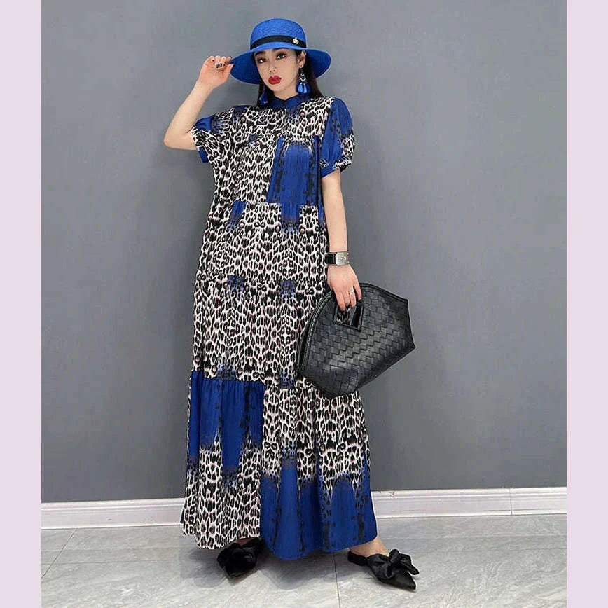 Korean Style Painted Short-Sleeve Casual Loose Big Size Yellow Red Blue Leopard Long Dress Summer Boho Print Dress Robe JJXD071