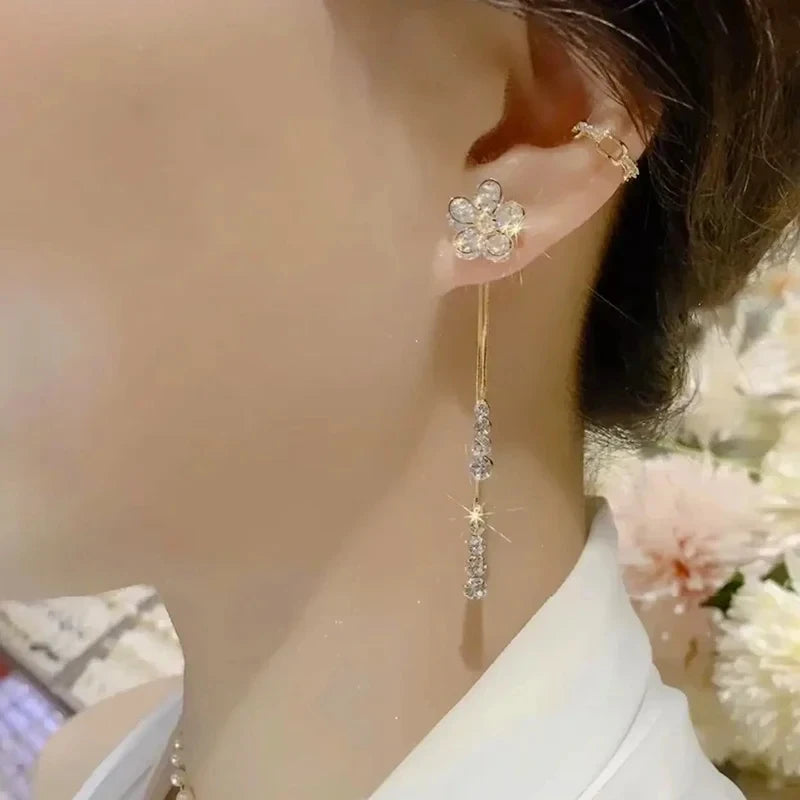 New Sweet Zircon Flower Long Tassel Pendant Stud Earrings for Women Elegant Exquisite Temperament Girls Birthday Gift Jewelry
