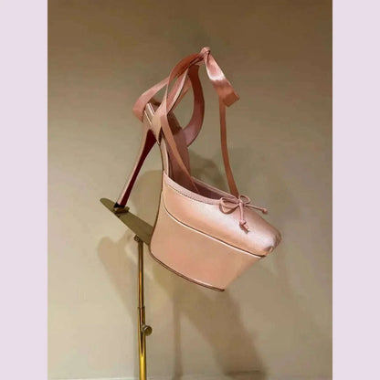 European and American High-heeled Dance Platform Silk Satin Square Bow Sandals  Shoes Women Zapatos Mujer