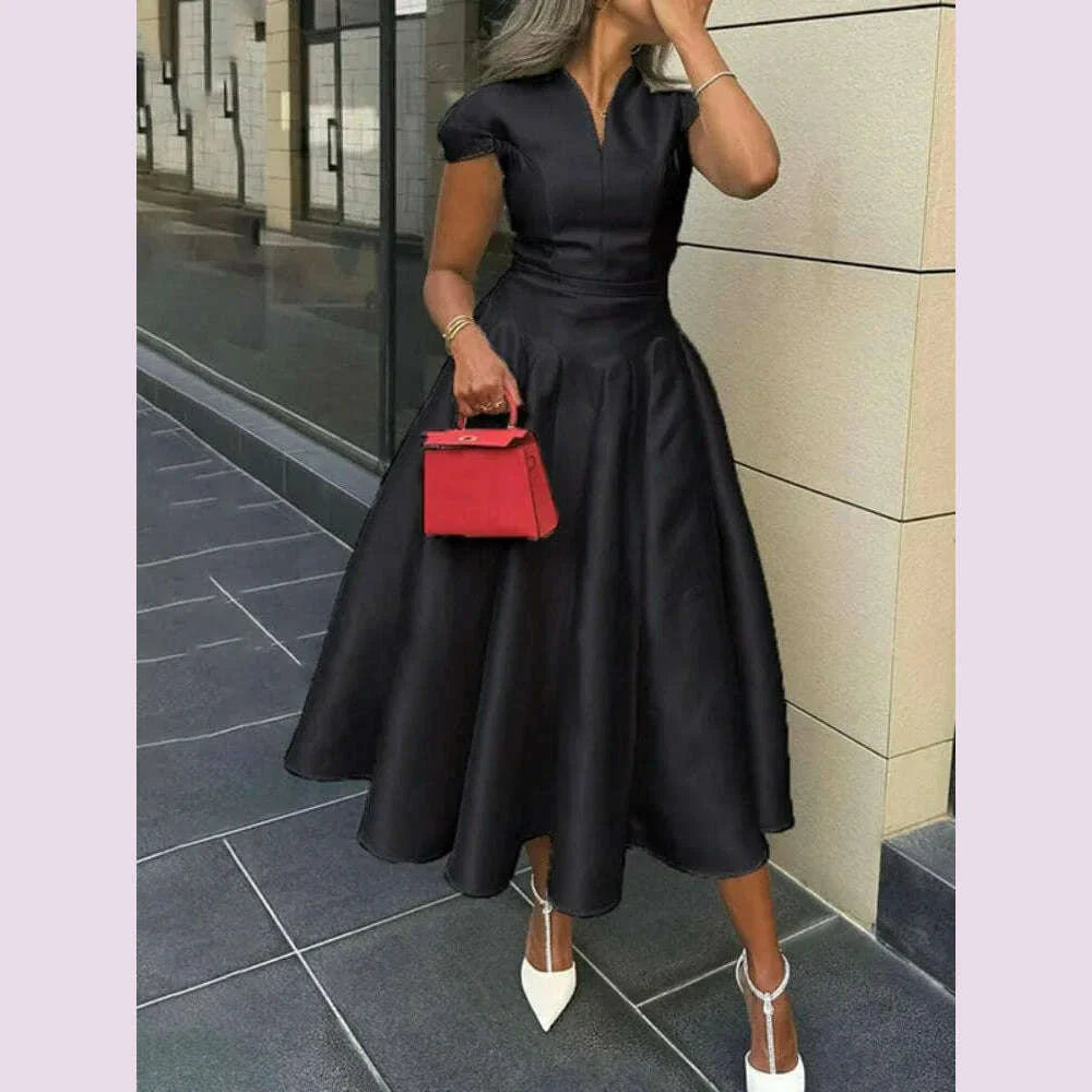 Freeacy Women's Elegant Dress V-neck Cap Sleeves Slim Fit A-line Party Dresses Solid Color High Waist Pleated Midi Dress