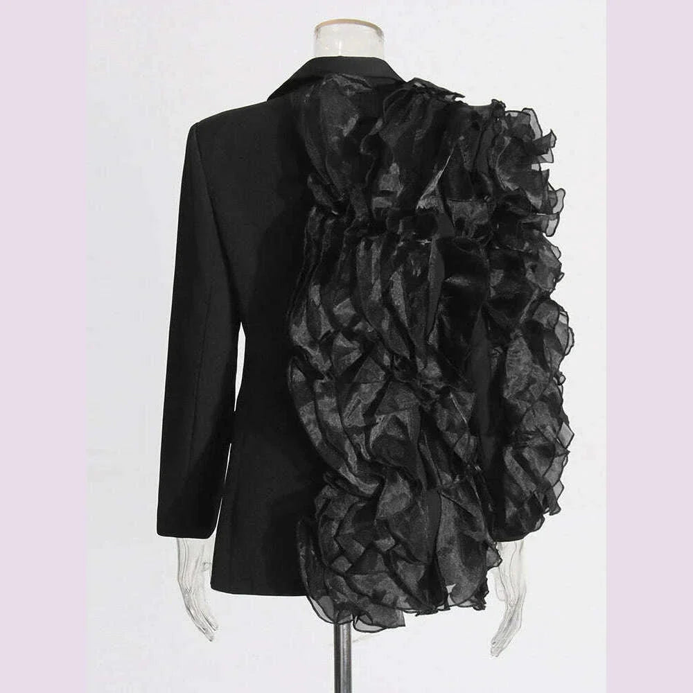 TWOTWINSTYLE Solid Spliced Ruffles Elegant Blazers For Women Long Sleeve Patchwork Button Designer Coat Female Fashion Style New