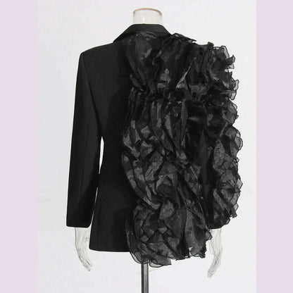TWOTWINSTYLE Solid Spliced Ruffles Elegant Blazers For Women Long Sleeve Patchwork Button Designer Coat Female Fashion Style New