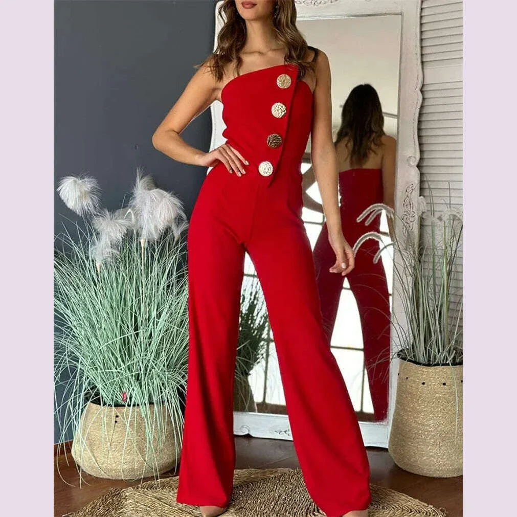 Women's Elegant Sexy Button Sleeveless Strapless Irregular Jumpsuits 2025 Wide Leg Outfits Night Club Streetwear One Piece