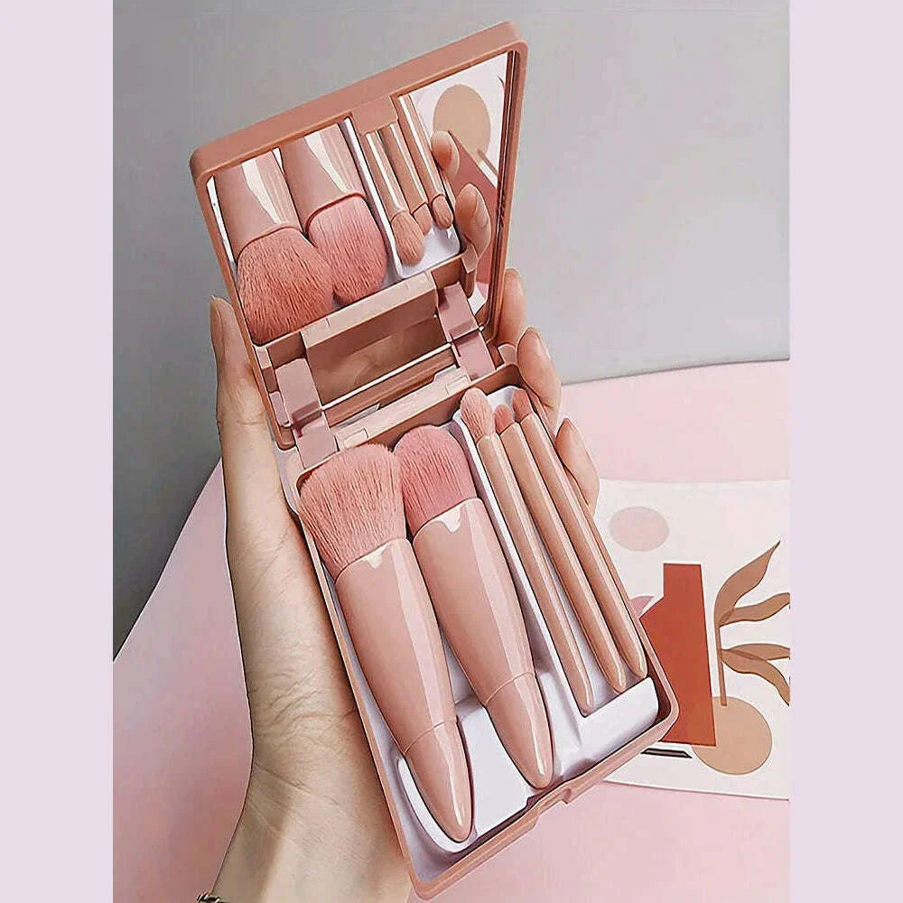 5Pcs Portable Makeup Brush Set With Mirror -  Foldable Travel Kit ，Mini Makeup Brush Set Travel Makeup Brush Set