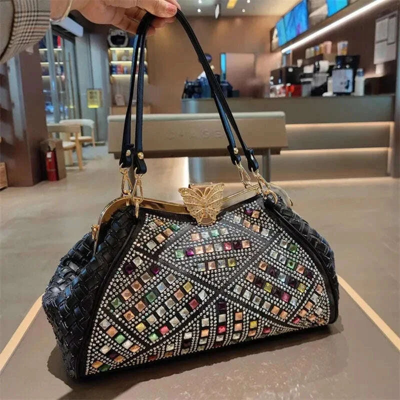 Spring and summer new metal frame color rhinestone butterfly crystal handbag banquet dress one-shoulder cross-body women's bag