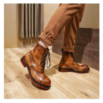 Cow Genuine Leather Motorcycle Boots Brogue Shoes Retro High Big Head Chelsea Men's Boots Ankle Boots For Men Brown