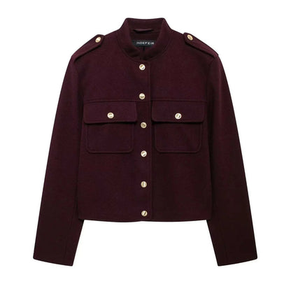TRAFZA Women Vintage Wine Red Coat O Neck Long Sleeve Single Breasted Jacket With Pockets Autumn Casual Office Lady Outerwear