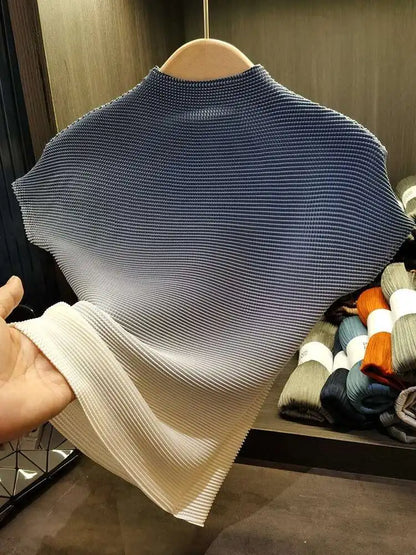 GVUW Pleated Women's T-shirt Slim Fit Gradient Color Stand Collar Short Sleeve Female Casual Comfortable Top 2025 Spring 17J0413