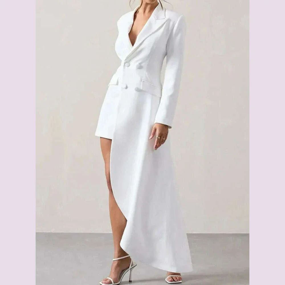 Yeezzi 2025 New Urban Female Black White High-low Notched Collar Blazer Office Ladies Fashion Buttoned Pocket Commute Outerwears