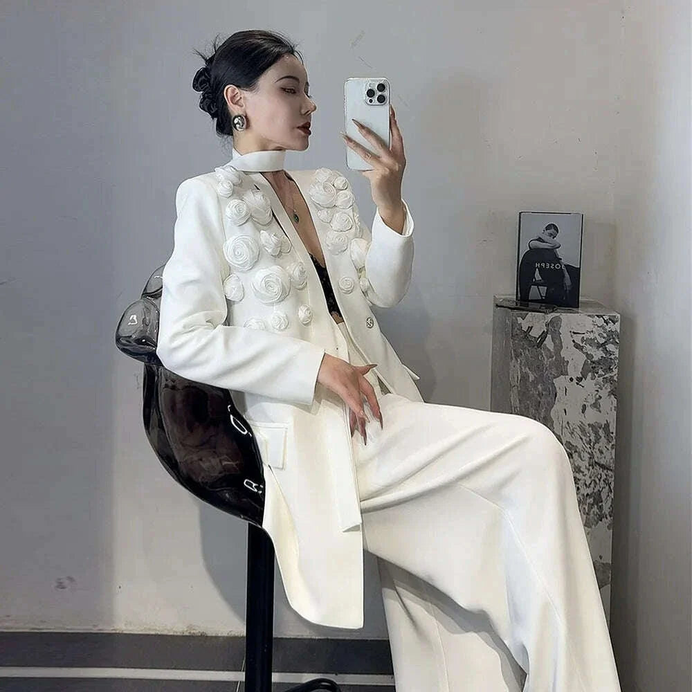 TWOTWINSTYLE Solid Two Piece Set For Women Lapel Long Sleeve Spliced Appliques Coat High Waist Wide Leg Pant Chic Sets Female