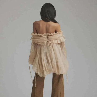 TWOTWINSTYLE Solid Loose Spliced Mesh Blouse for Women Slash Neck Long Sleeves Patchwork Folds Elegant Top Female Fashion New