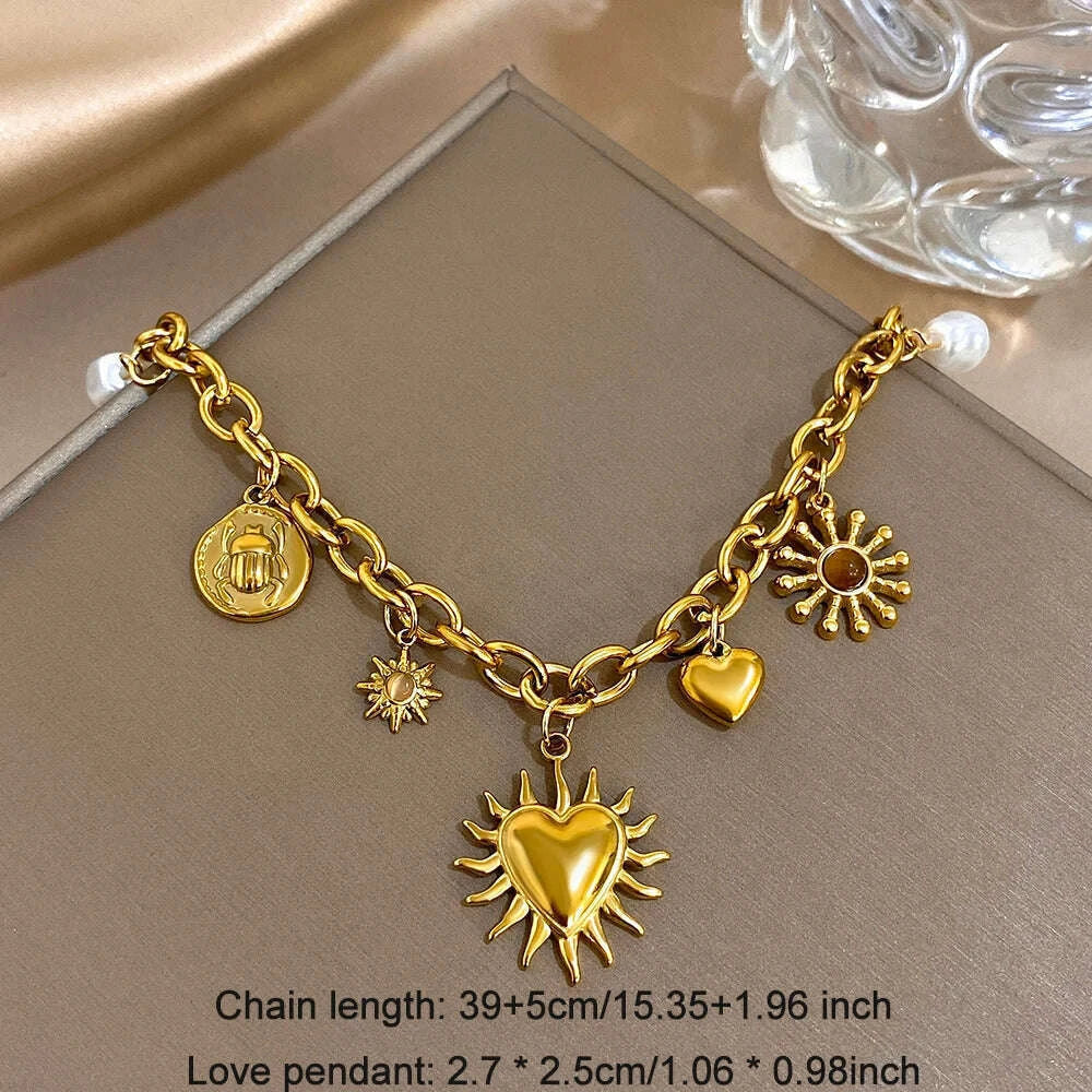 Vintage Chunky Golden Thick Chain Stainless Steel Charm Necklace Statement Chic Sun Heart Shaped Pendant Fashion Jewlery Gift