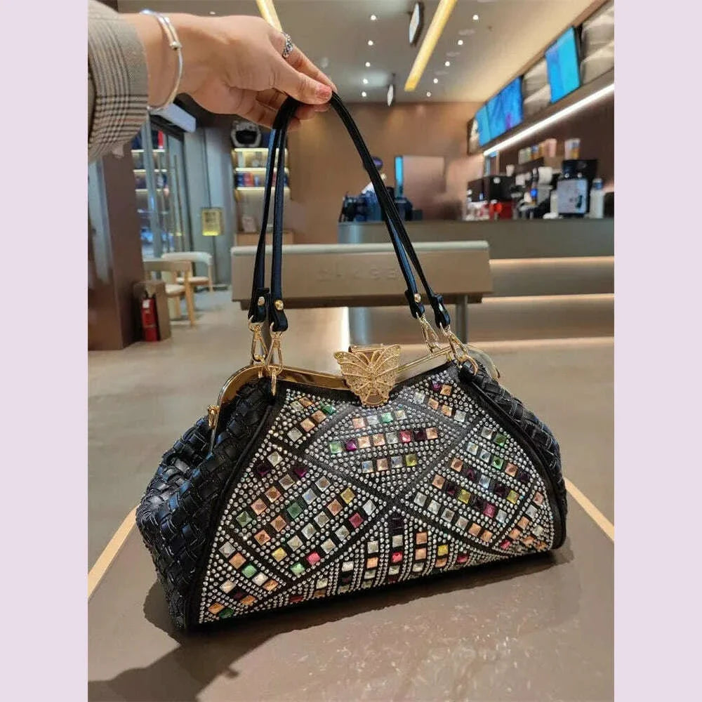 Spring and summer new metal frame color rhinestone butterfly crystal handbag banquet dress one-shoulder cross-body women's bag