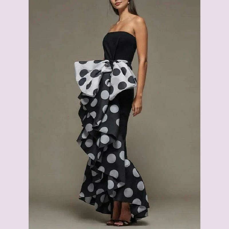 Yeezzi Women British Style Polka Dot Bow-Embellished Pleated Strapless Dress 2024 Summer Sleeveless Elegant Evening Dresses